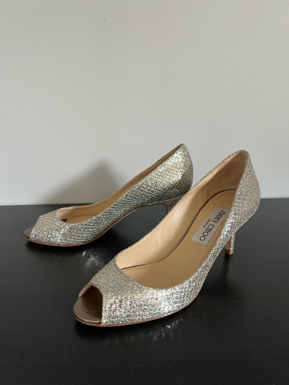 Jimmy Choo Isabel Champagne Glitter Open-Toe 2.5” Pumps Size 5 / 35